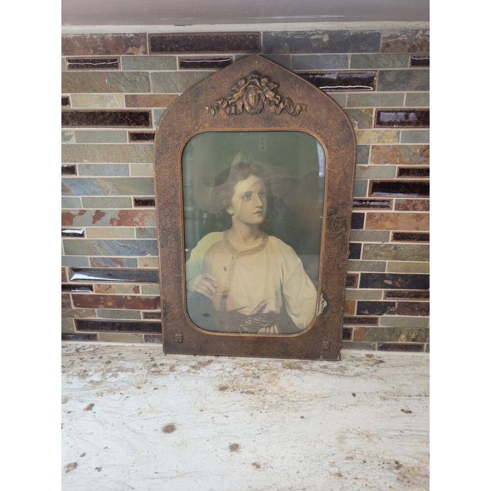 Vintage Young Jesus Print, Art Deco Arched Cathedral Frame, Damaged Print